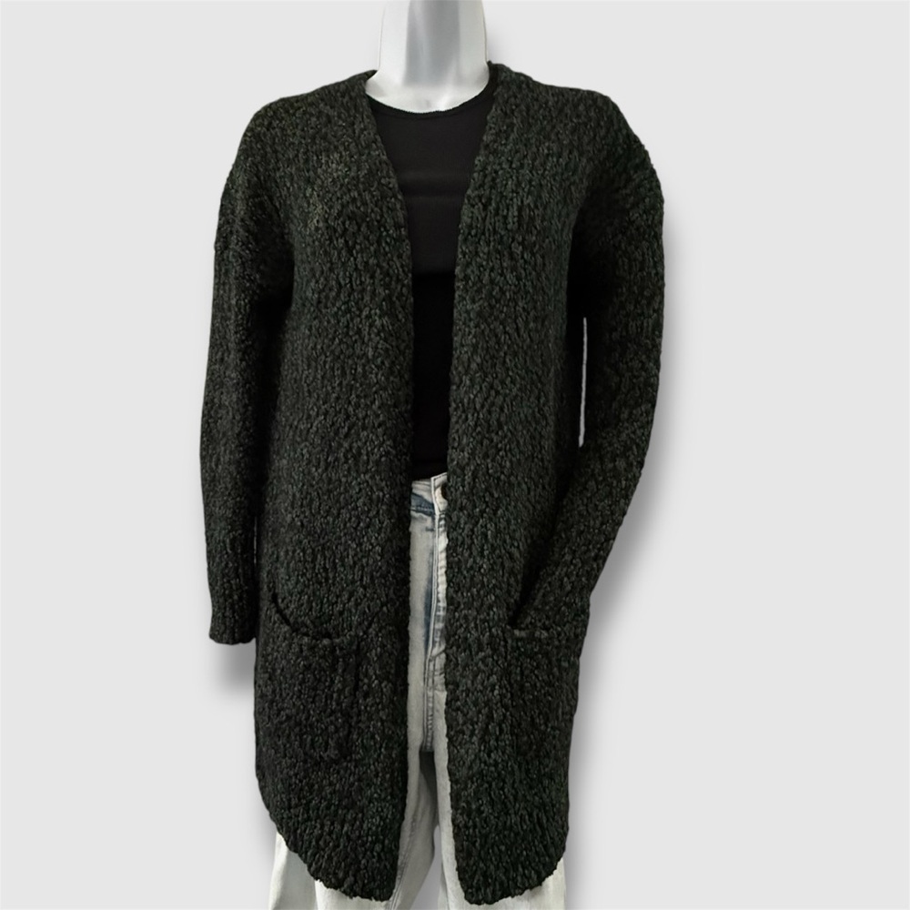 Forest Green Textured Open Front Long Cardigan Sweater XS